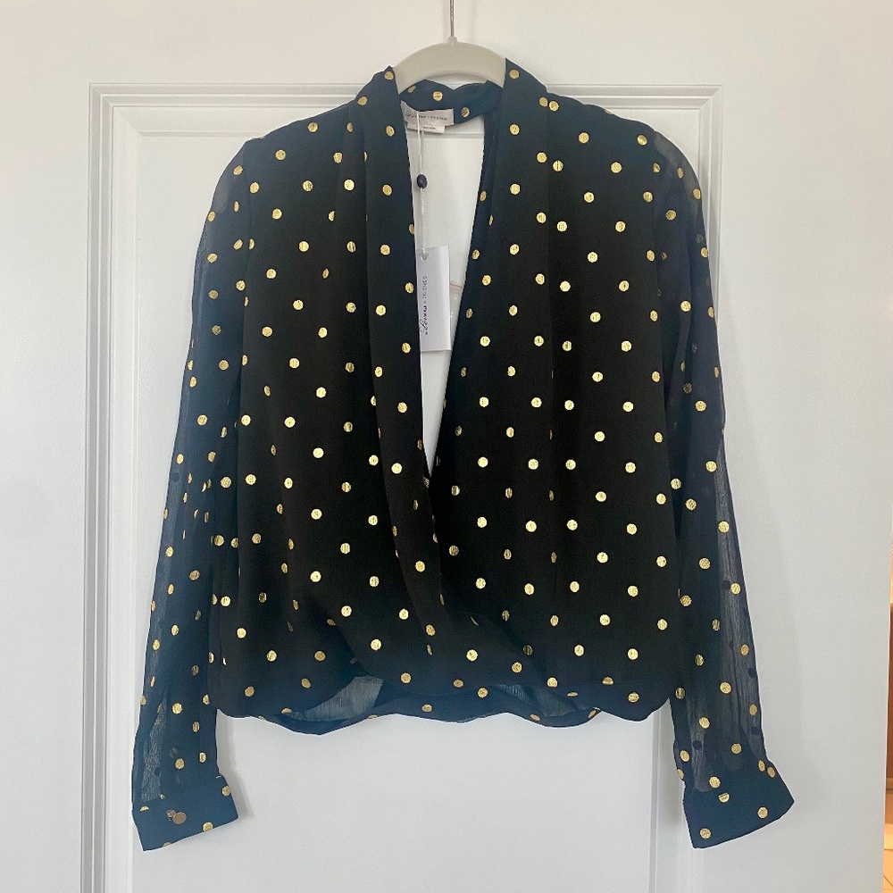 Lovers + Friends Black and Gold Polka Dot Sheer Long Sleeved Blouse NWT